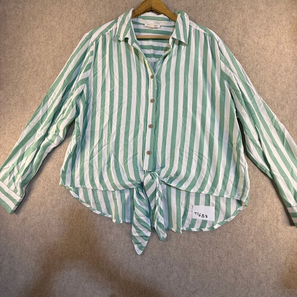 Beachlunchlounge Mint Green White Striped Tie Front Button Down Shirt Large